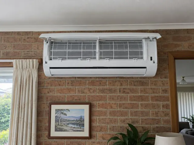 Open split system indoor unit with clean filters on a brick wall in a living room in Hope Valley