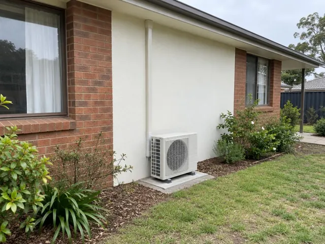 Outdoor air conditioner unit on a concrete pad beside a brick and rendered house in Redwood Park